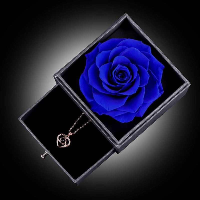 "Exquisite Preserved Dark Blue Rose with Love You Necklace in 100 Languages Gift Set - Perfect for Valentine's Day, Anniversary, Wedding, Birthday, and Romantic Occasions - Ideal Gift for Her"