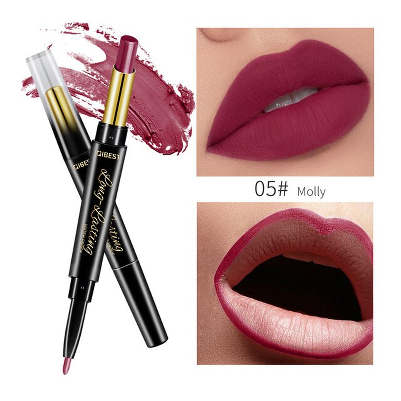 "Matte Nude Lipstick Duo: Waterproof Long Lasting Lip Color with Built-in Lip Liner"