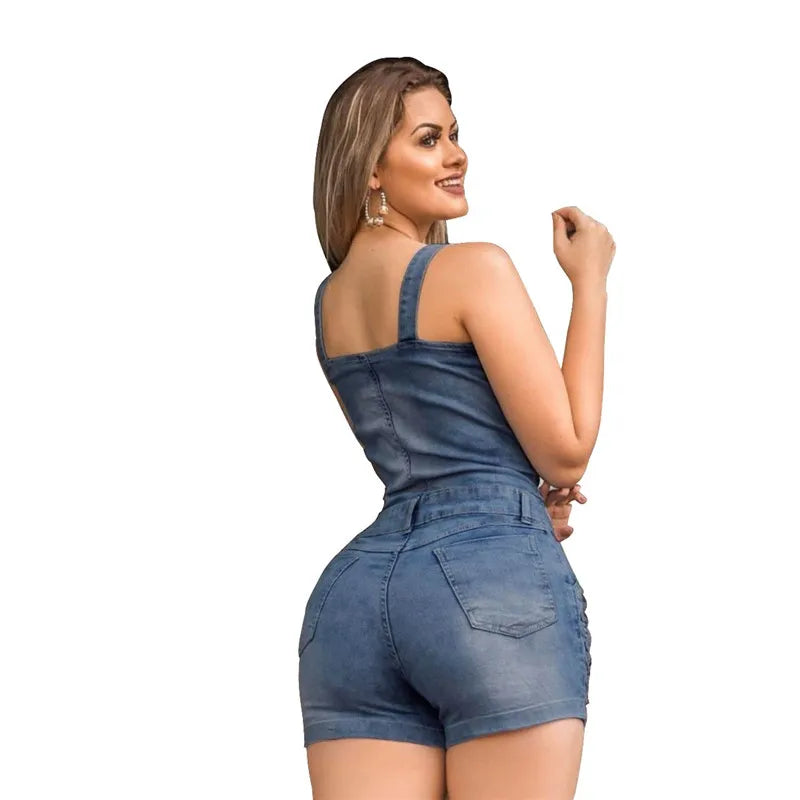 Slim Sleeveless Jeans Jumpsuit Denim Playsuit for Women 2021 Buttons Elegance Cotton Jeans Woman Rompers Womens Jumpsuit Shorts