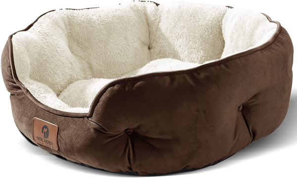 Professional and concise: "20-Inch Small Pet Bed for Dogs and Cats - Soft, Machine Washable and Water-Resistant with Anti-Slip Oxford Bottom - Brown"