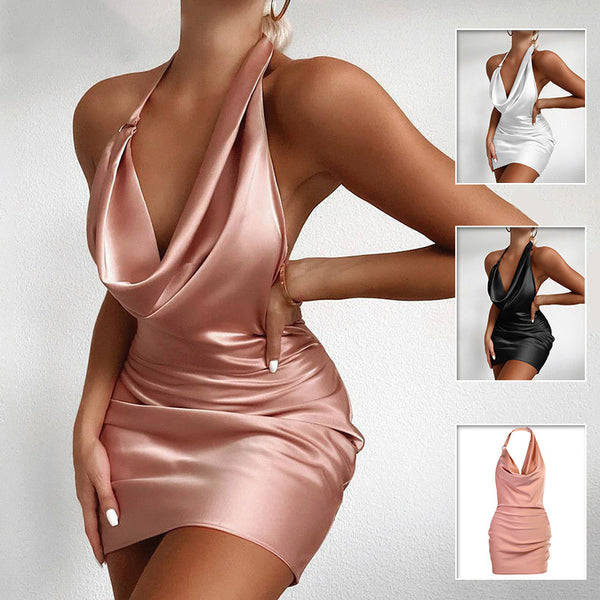 "Stunning Satin V Neck Backless Mini Dress - Perfect for Summer Parties!"