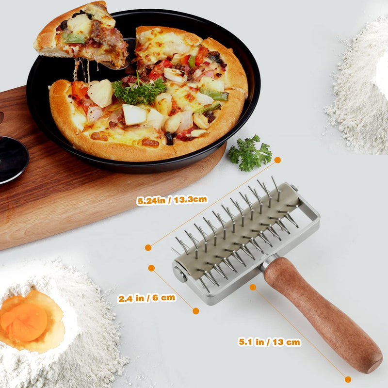 "Effortless Dough Rolling: Stainless Steel Pizza Dough Docker with Wood Handle - Perfect for Pizza, Bread, and Pastries!"