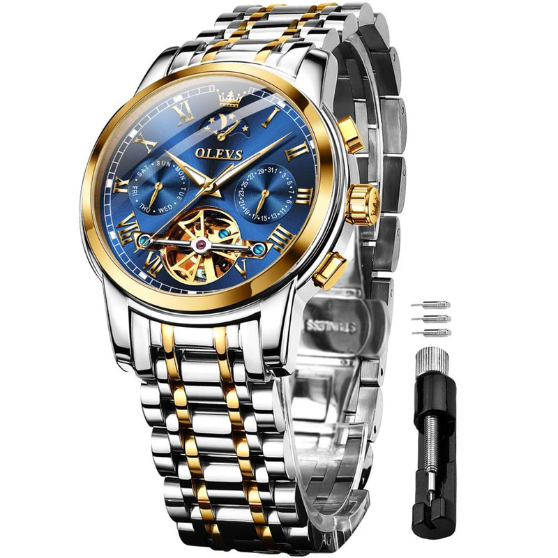 "Exquisite Skeleton Mechanical Self-Winding Watch for Men - Moon Phase, Day Date, and Waterproof - Perfect Business Dress Watch - Ideal Gift for Men - Reloj Para Hombre - Male Watch 6617"