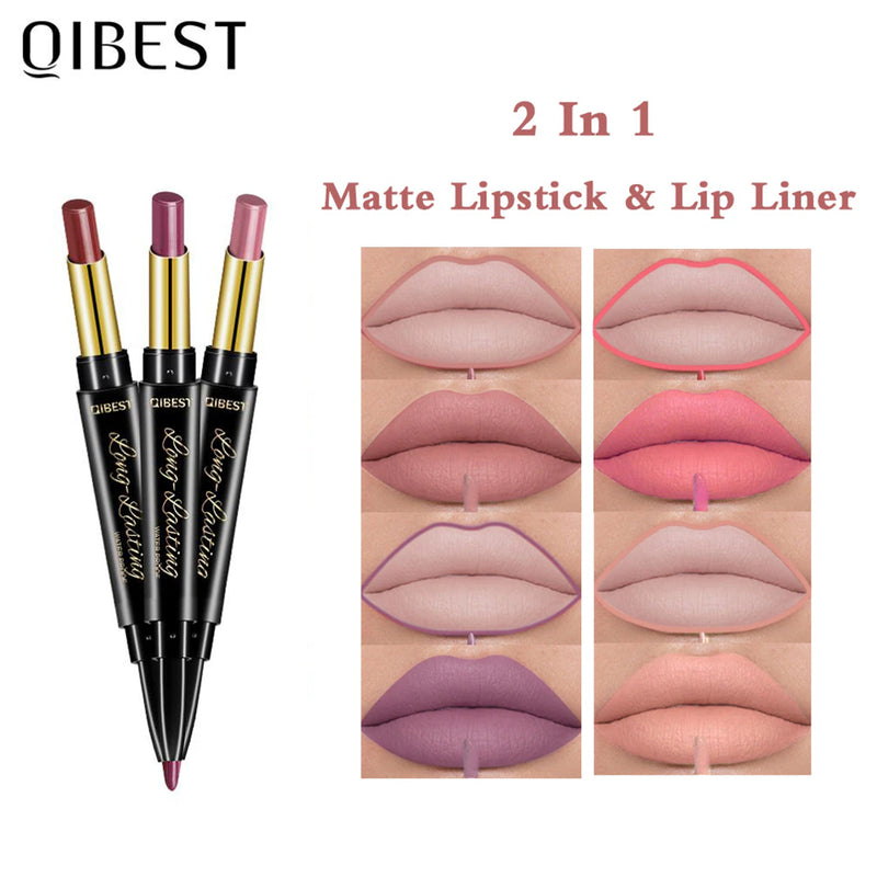 "Matte Nude Lipstick Duo: Waterproof Long Lasting Lip Color with Built-in Lip Liner"