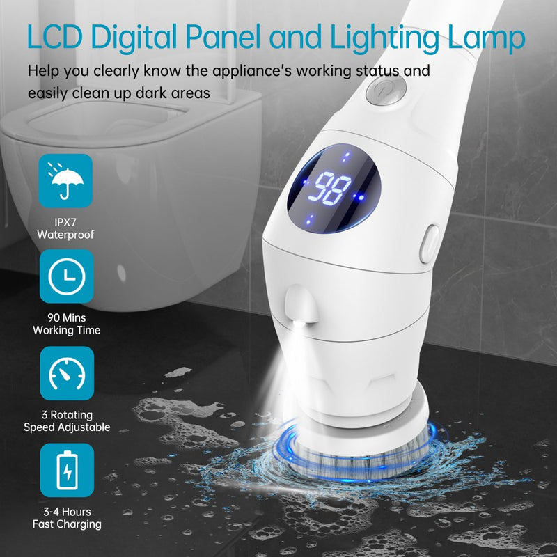 Professional title: "Versatile Electric Spin Scrubber with Adjustable Handle, Night Light, and LCD Display, Cordless Handheld Cleaning Brush with Multiple Speed Settings"