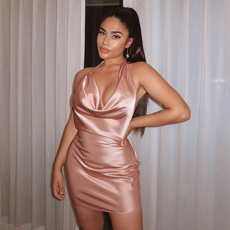 "Stunning Satin V Neck Backless Mini Dress - Perfect for Summer Parties!"