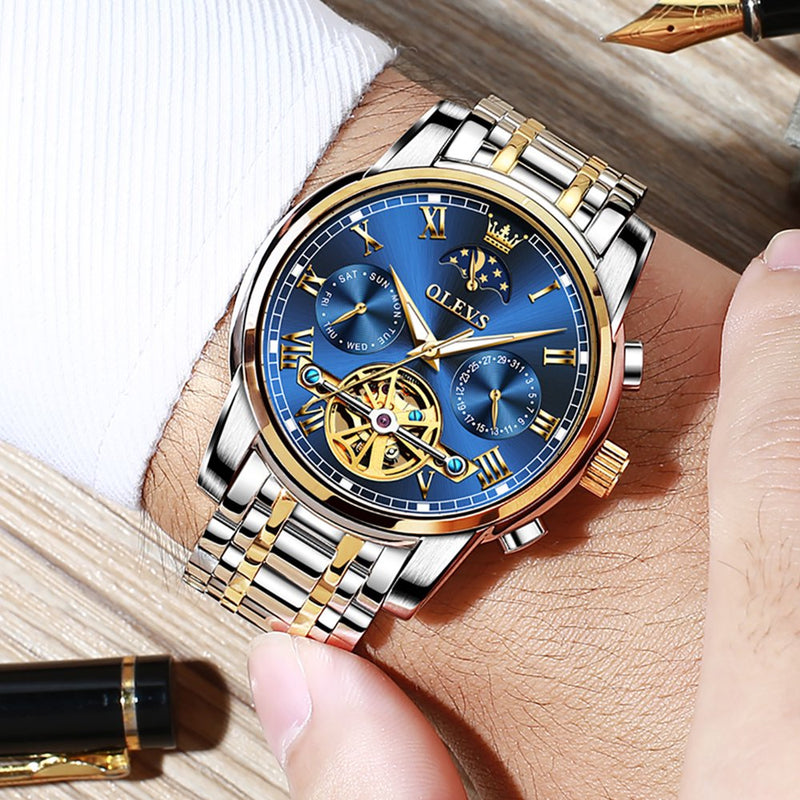 "Exquisite Skeleton Mechanical Self-Winding Watch for Men - Moon Phase, Day Date, and Waterproof - Perfect Business Dress Watch - Ideal Gift for Men - Reloj Para Hombre - Male Watch 6617"