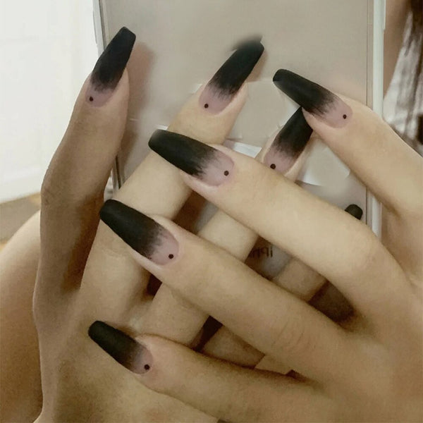 "Black Ombre Matte Coffin Nails - 24-Piece DIY Manicure Kit for Chic Nail Art"