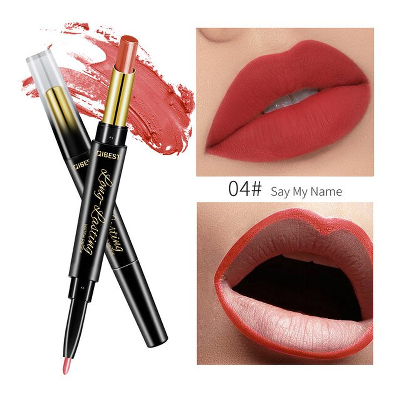 "Matte Nude Lipstick Duo: Waterproof Long Lasting Lip Color with Built-in Lip Liner"