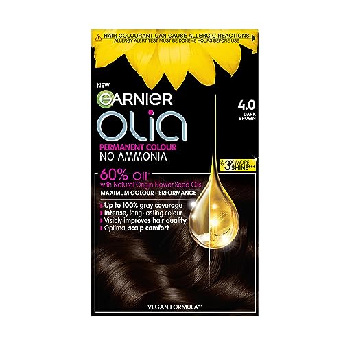 Garnier Olia Permanent Hair Dye, Up to 100% Grey Hair Coverage, No Ammonia, 60% Oils, 4.0 Dark Brown