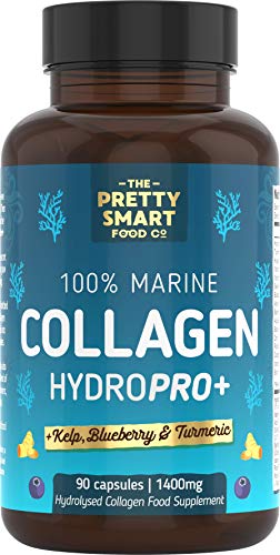 Powerful Marine Collagen Tablets - with Hyaluronic Acid, Biotin & Blueberry - 1400MG Complex - Hydrolysed Type 1 - with Vitamins & Minerals - 90 Capsules - Made in The UK by The Pretty Smart Food Co