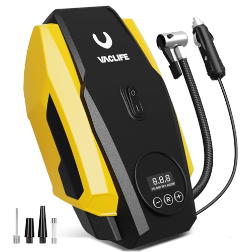 VacLife Car Tyre Inflator Air Compressor - Car Tyre Pump - 12V DC Compact Portable Air Compressor with Auto Shutoff Function - Multipurpose Car Accessory with LED Light, Yellow (VL718)