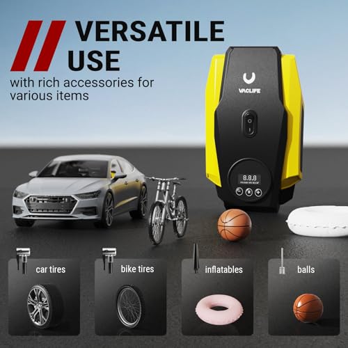 VacLife Car Tyre Inflator Air Compressor - Car Tyre Pump - 12V DC Compact Portable Air Compressor with Auto Shutoff Function - Multipurpose Car Accessory with LED Light, Yellow (VL718)