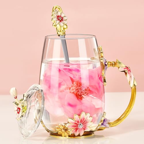 Wisolt Mothers Day Gifts Spiritual Gifts for Women Christmas Presents for Wife Mum Grandma Flower Glass Tea Cup Teacher Anniversary Valentines Gifts for Her Glass Coffee Cup Mugs with Spoon and Lid