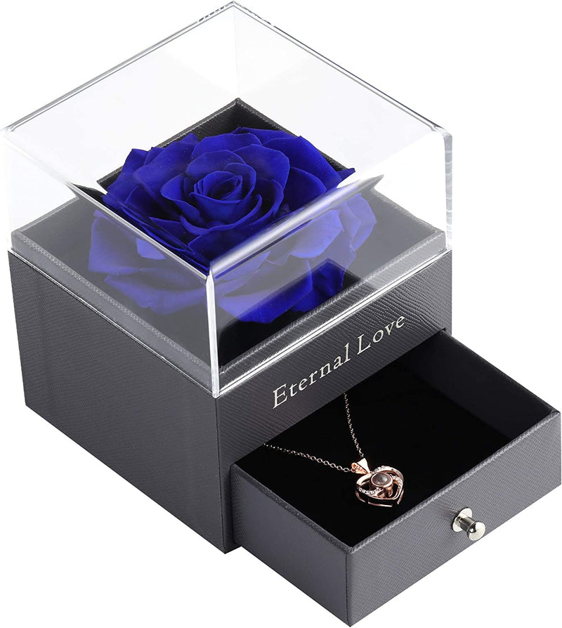 "Exquisite Preserved Dark Blue Rose with Love You Necklace in 100 Languages Gift Set - Perfect for Valentine's Day, Anniversary, Wedding, Birthday, and Romantic Occasions - Ideal Gift for Her"