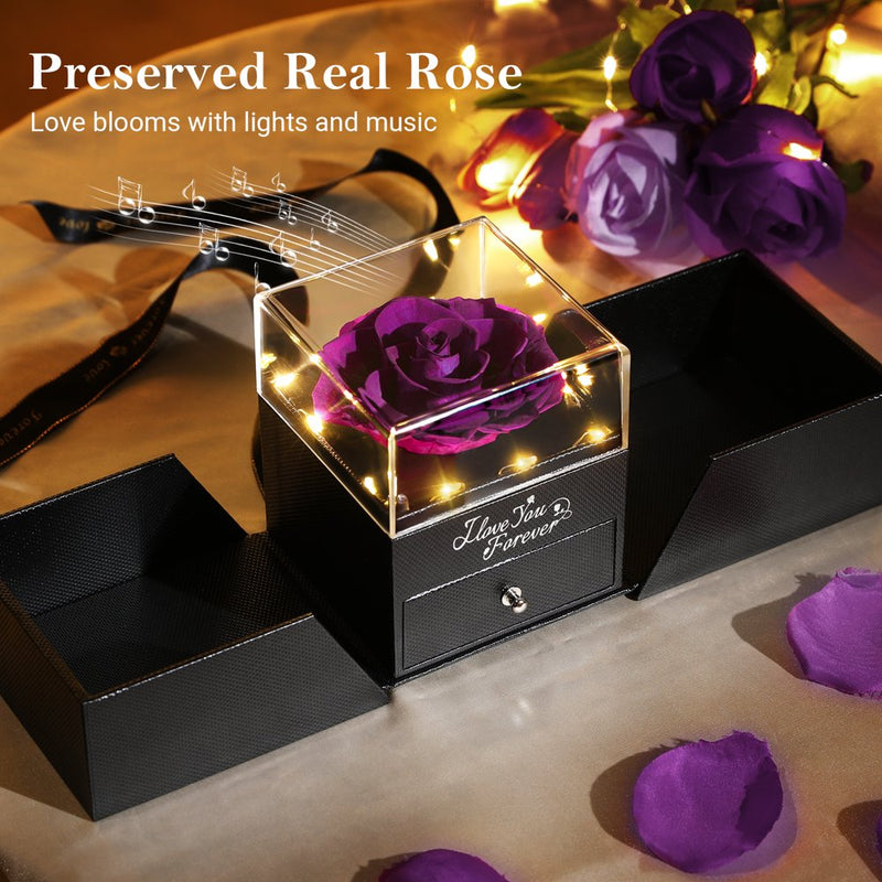 Professional Title: "Eternal Purple Real Rose Necklace with Music LED Lights - Ideal Gift for Women on Anniversary, Birthday, Valentine's Day"