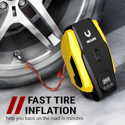 VacLife Car Tyre Inflator Air Compressor - Car Tyre Pump - 12V DC Compact Portable Air Compressor with Auto Shutoff Function - Multipurpose Car Accessory with LED Light, Yellow (VL718)