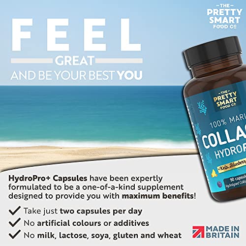 Powerful Marine Collagen Tablets - with Hyaluronic Acid, Biotin & Blueberry - 1400MG Complex - Hydrolysed Type 1 - with Vitamins & Minerals - 90 Capsules - Made in The UK by The Pretty Smart Food Co