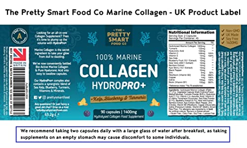 Powerful Marine Collagen Tablets - with Hyaluronic Acid, Biotin & Blueberry - 1400MG Complex - Hydrolysed Type 1 - with Vitamins & Minerals - 90 Capsules - Made in The UK by The Pretty Smart Food Co