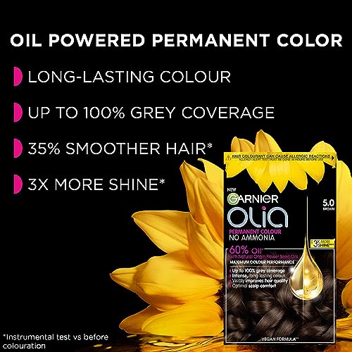 Garnier Olia Permanent Hair Dye, Up to 100% Grey Hair Coverage, No Ammonia, 60% Oils, 4.0 Dark Brown