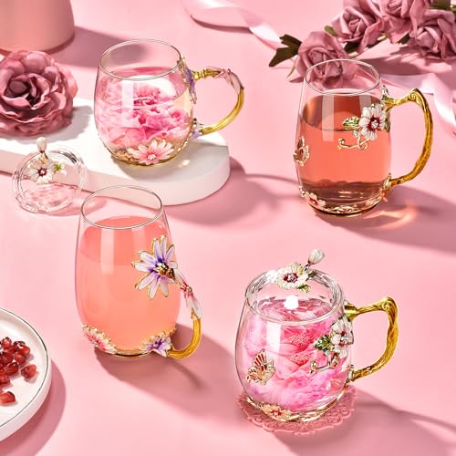 Wisolt Mothers Day Gifts Spiritual Gifts for Women Christmas Presents for Wife Mum Grandma Flower Glass Tea Cup Teacher Anniversary Valentines Gifts for Her Glass Coffee Cup Mugs with Spoon and Lid