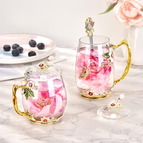 Wisolt Mothers Day Gifts Spiritual Gifts for Women Christmas Presents for Wife Mum Grandma Flower Glass Tea Cup Teacher Anniversary Valentines Gifts for Her Glass Coffee Cup Mugs with Spoon and Lid