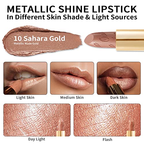 OULAC Metallic Shine Glitter Lipstick, Nude High Impact Lipcolor, Lightweight Soft and Ultra Hydrating, Long Lasting, Vegan & Cruelty-Free, Full-Coverage Lip Color 4.3 g/0.15 Sahara Gold(10)