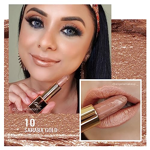 OULAC Metallic Shine Glitter Lipstick, Nude High Impact Lipcolor, Lightweight Soft and Ultra Hydrating, Long Lasting, Vegan & Cruelty-Free, Full-Coverage Lip Color 4.3 g/0.15 Sahara Gold(10)