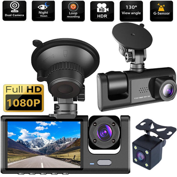 "All-In-One Dash Cam: Capture Every Angle with 3 Channel Front, Rear, and Interior Cameras - Full HD, Wide Angle, Night Vision, and More!"