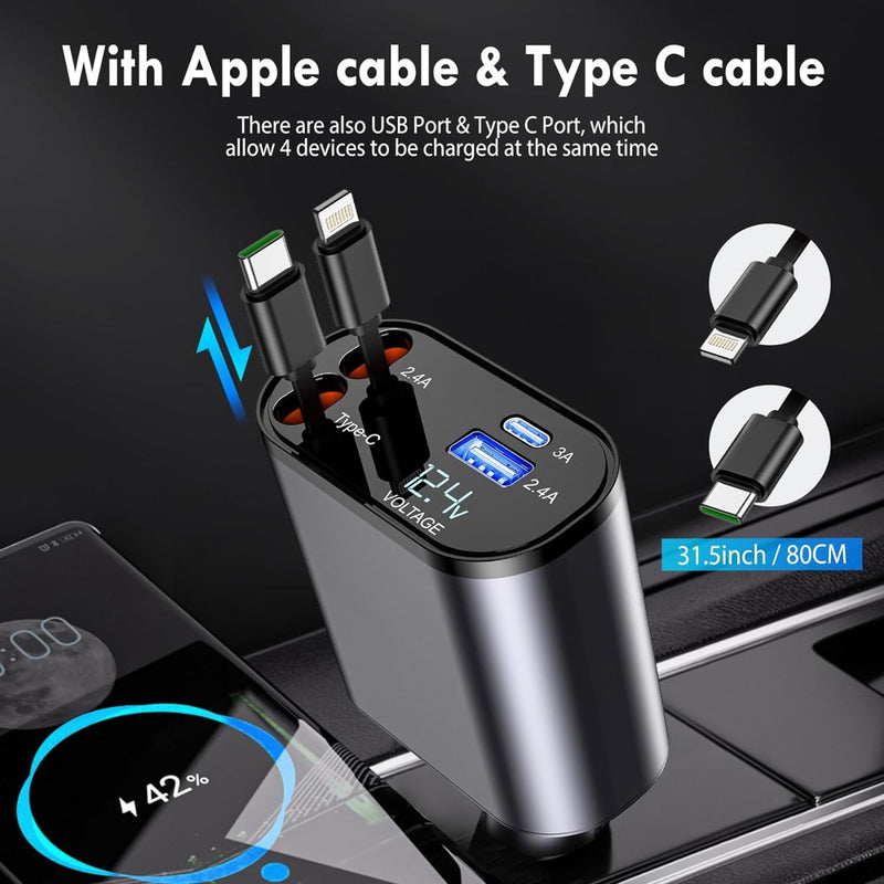 "Super Fast Charge Car Phone Charger with Retractable Cables and Dual USB Ports - Compatible with iPhone, iPad, Samsung, Pixel, and More!"