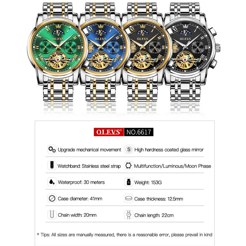 "Exquisite Skeleton Mechanical Self-Winding Watch for Men - Moon Phase, Day Date, and Waterproof - Perfect Business Dress Watch - Ideal Gift for Men - Reloj Para Hombre - Male Watch 6617"