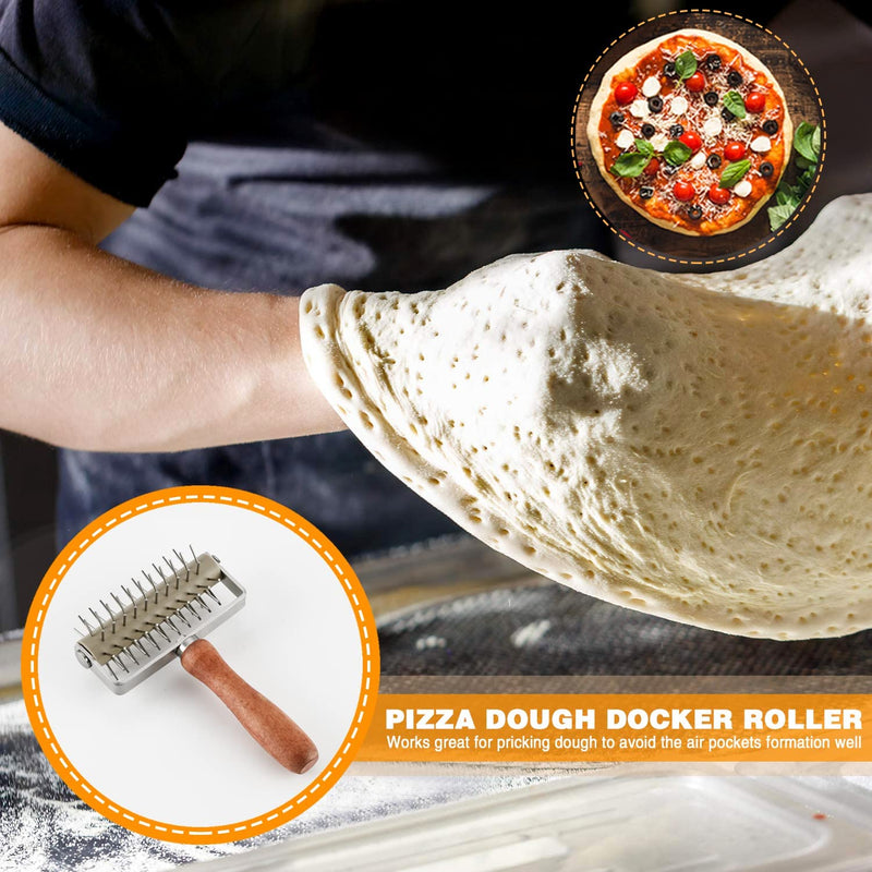 "Effortless Dough Rolling: Stainless Steel Pizza Dough Docker with Wood Handle - Perfect for Pizza, Bread, and Pastries!"