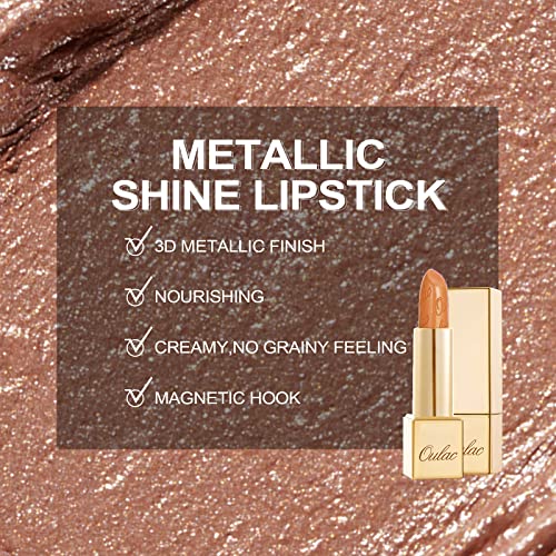 OULAC Metallic Shine Glitter Lipstick, Nude High Impact Lipcolor, Lightweight Soft and Ultra Hydrating, Long Lasting, Vegan & Cruelty-Free, Full-Coverage Lip Color 4.3 g/0.15 Sahara Gold(10)