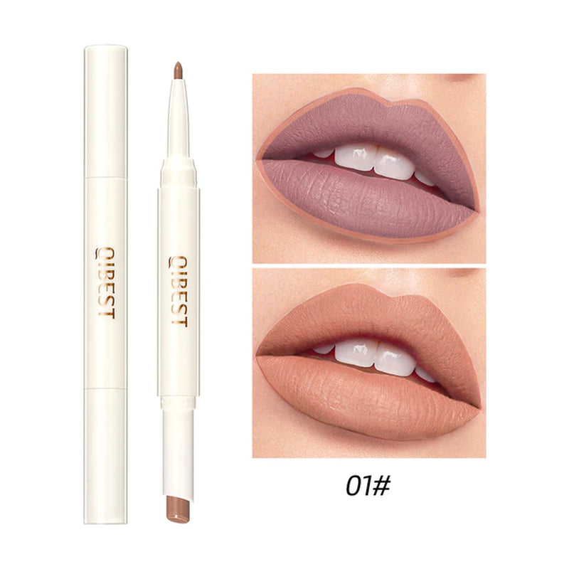 "Matte Nude Lipstick Duo: Waterproof Long Lasting Lip Color with Built-in Lip Liner"