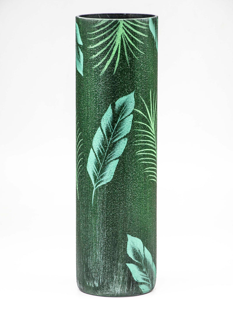 Glass vase for flowers | Cylinder Vase | Interior Design | Home Decor | Large Floor Vase 16 inch | Tropical leaves decorated vase-2