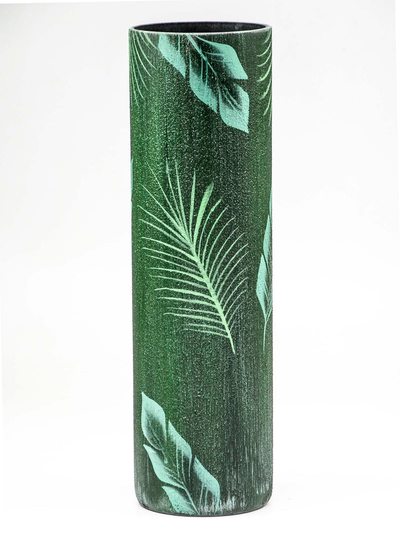 Glass vase for flowers | Cylinder Vase | Interior Design | Home Decor | Large Floor Vase 16 inch | Tropical leaves decorated vase-1