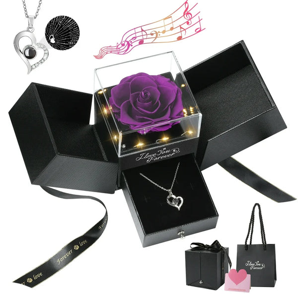 Professional Title: "Eternal Purple Real Rose Necklace with Music LED Lights - Ideal Gift for Women on Anniversary, Birthday, Valentine's Day"