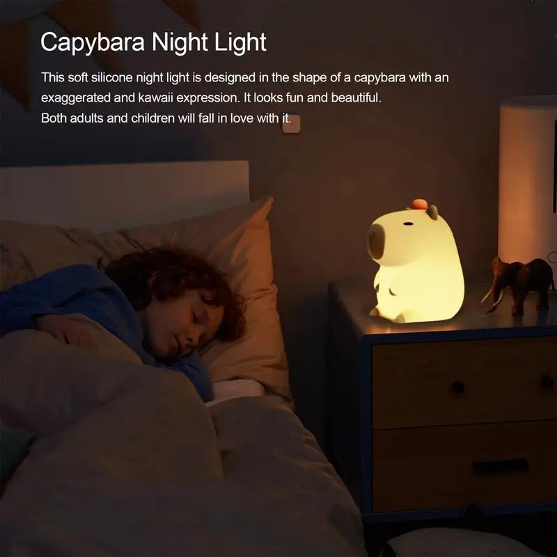 Professional Product Title: ```USB Rechargeable Silicone Night Light for Children's Room Decor - Adorable Cartoon Capybara Design with Timing and Dimming Functionality```