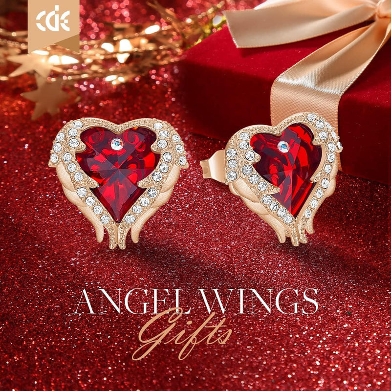 "Rhodium Plated Angel Wing Love Heart Stud Earrings for Women - Exquisite Jewelry Gifts for Mother's Day, Christmas, Valentine's Day, and Any Special Occasion"