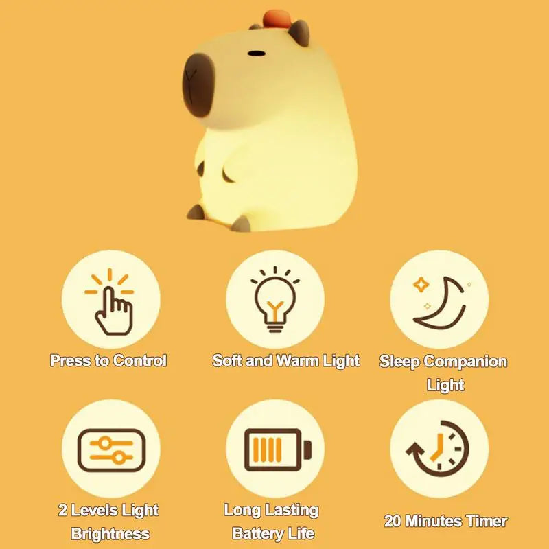 Professional Product Title: ```USB Rechargeable Silicone Night Light for Children's Room Decor - Adorable Cartoon Capybara Design with Timing and Dimming Functionality```