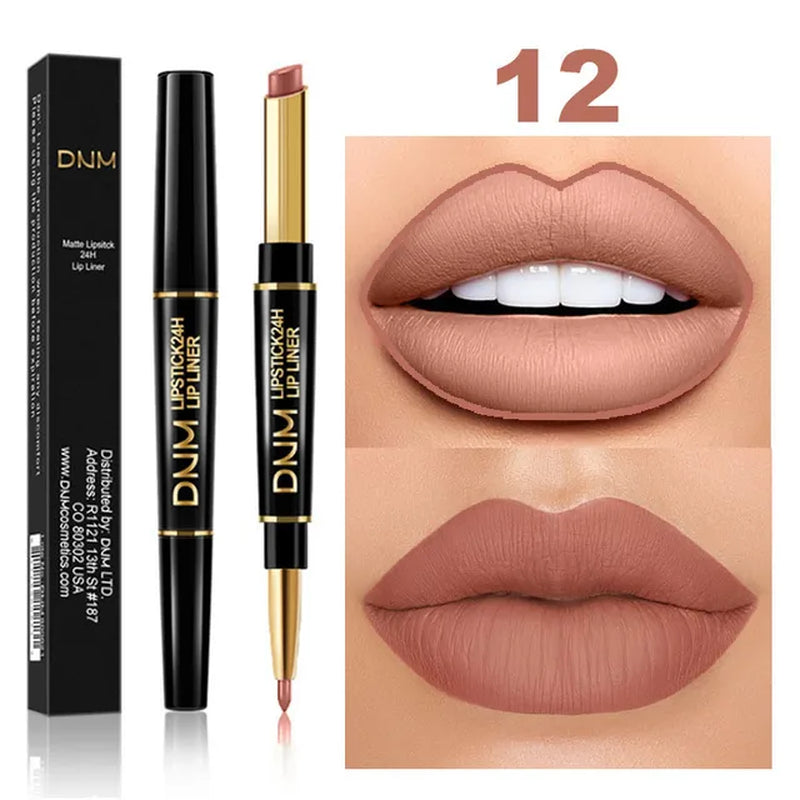 "2-in-1 Matte Pigment Lipstick and Lip Liner: Long-Lasting Waterproof Makeup Duo in Skin-Complementing Shade"