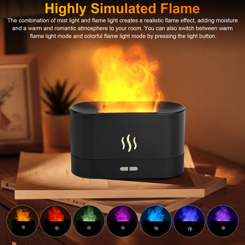 "Flame Air Humidifier Essential Oil Diffuser - Enhance Your Space with Soothing Aromas and 7 Colorful Light Options!"