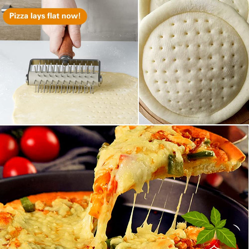 "Effortless Dough Rolling: Stainless Steel Pizza Dough Docker with Wood Handle - Perfect for Pizza, Bread, and Pastries!"