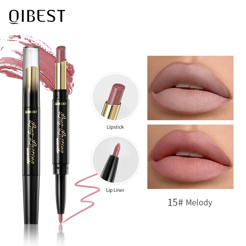 "Matte Nude Lipstick Duo: Waterproof Long Lasting Lip Color with Built-in Lip Liner"