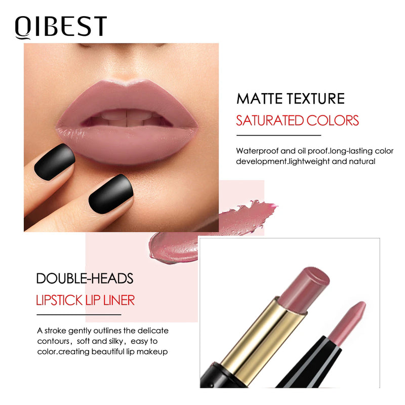 "Matte Nude Lipstick Duo: Waterproof Long Lasting Lip Color with Built-in Lip Liner"