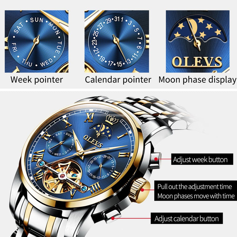 "Exquisite Skeleton Mechanical Self-Winding Watch for Men - Moon Phase, Day Date, and Waterproof - Perfect Business Dress Watch - Ideal Gift for Men - Reloj Para Hombre - Male Watch 6617"