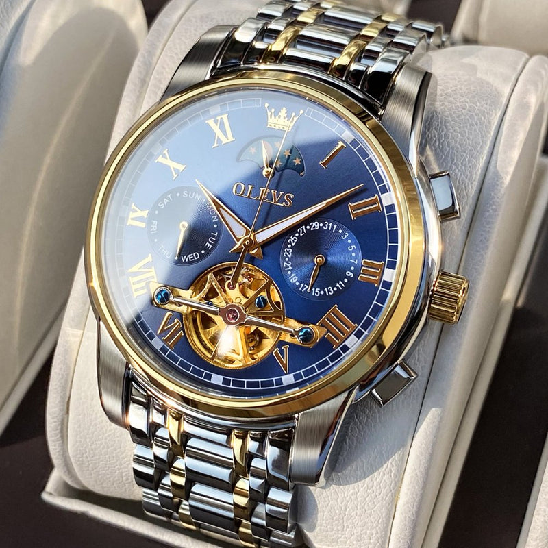 "Exquisite Skeleton Mechanical Self-Winding Watch for Men - Moon Phase, Day Date, and Waterproof - Perfect Business Dress Watch - Ideal Gift for Men - Reloj Para Hombre - Male Watch 6617"