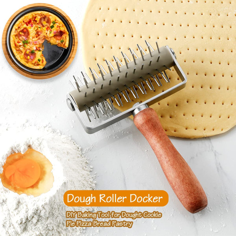 "Effortless Dough Rolling: Stainless Steel Pizza Dough Docker with Wood Handle - Perfect for Pizza, Bread, and Pastries!"