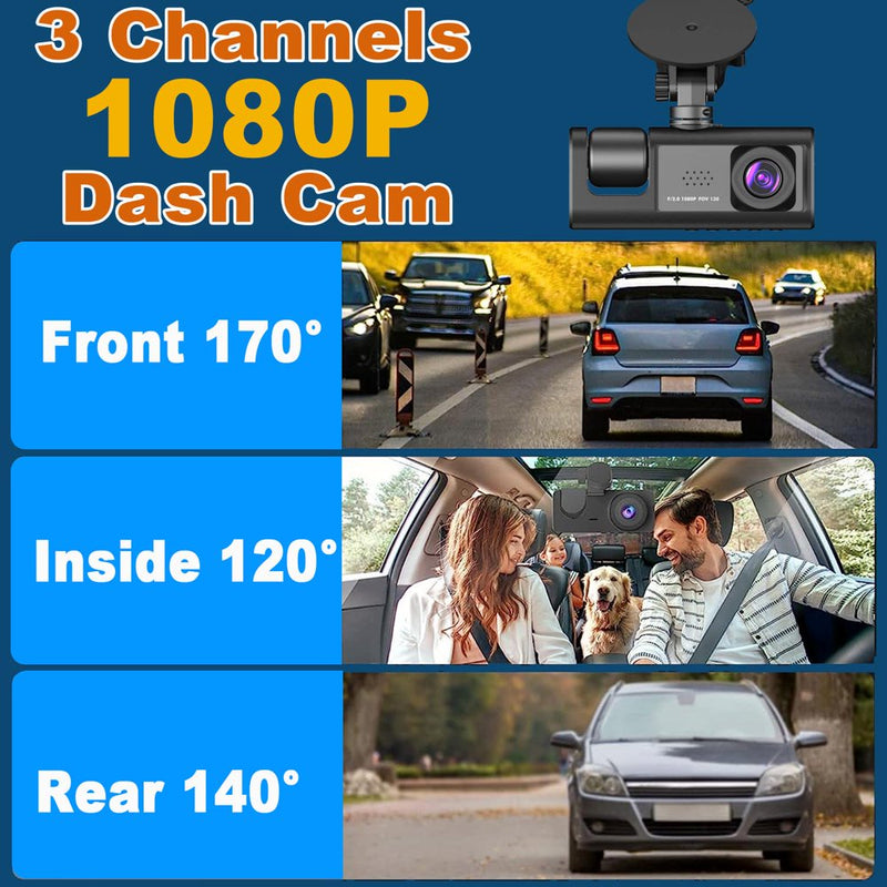 "All-In-One Dash Cam: Capture Every Angle with 3 Channel Front, Rear, and Interior Cameras - Full HD, Wide Angle, Night Vision, and More!"