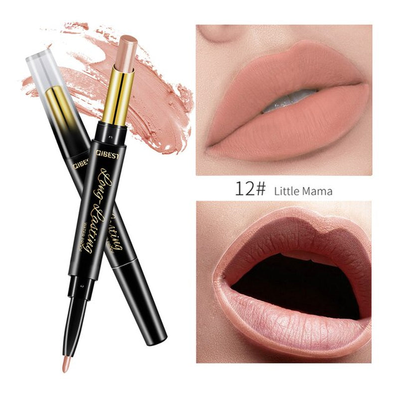 "Matte Nude Lipstick Duo: Waterproof Long Lasting Lip Color with Built-in Lip Liner"